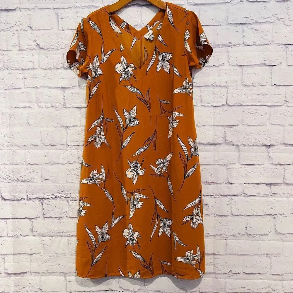 A New Day Orange‎ Floral Shift Dress Cap Sleeve
